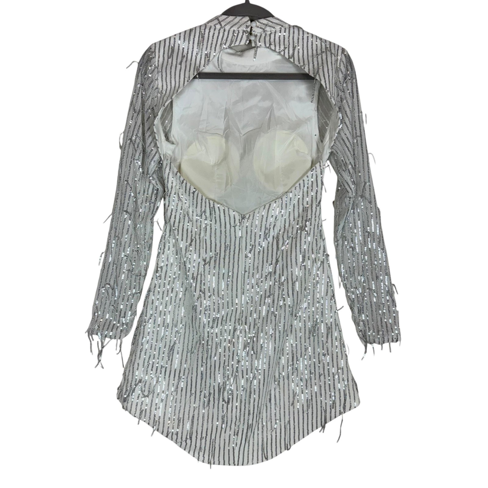 Stylista Dress Womens Small White Sequin Mesh Mock Neck Cutout Bodycon Mini
