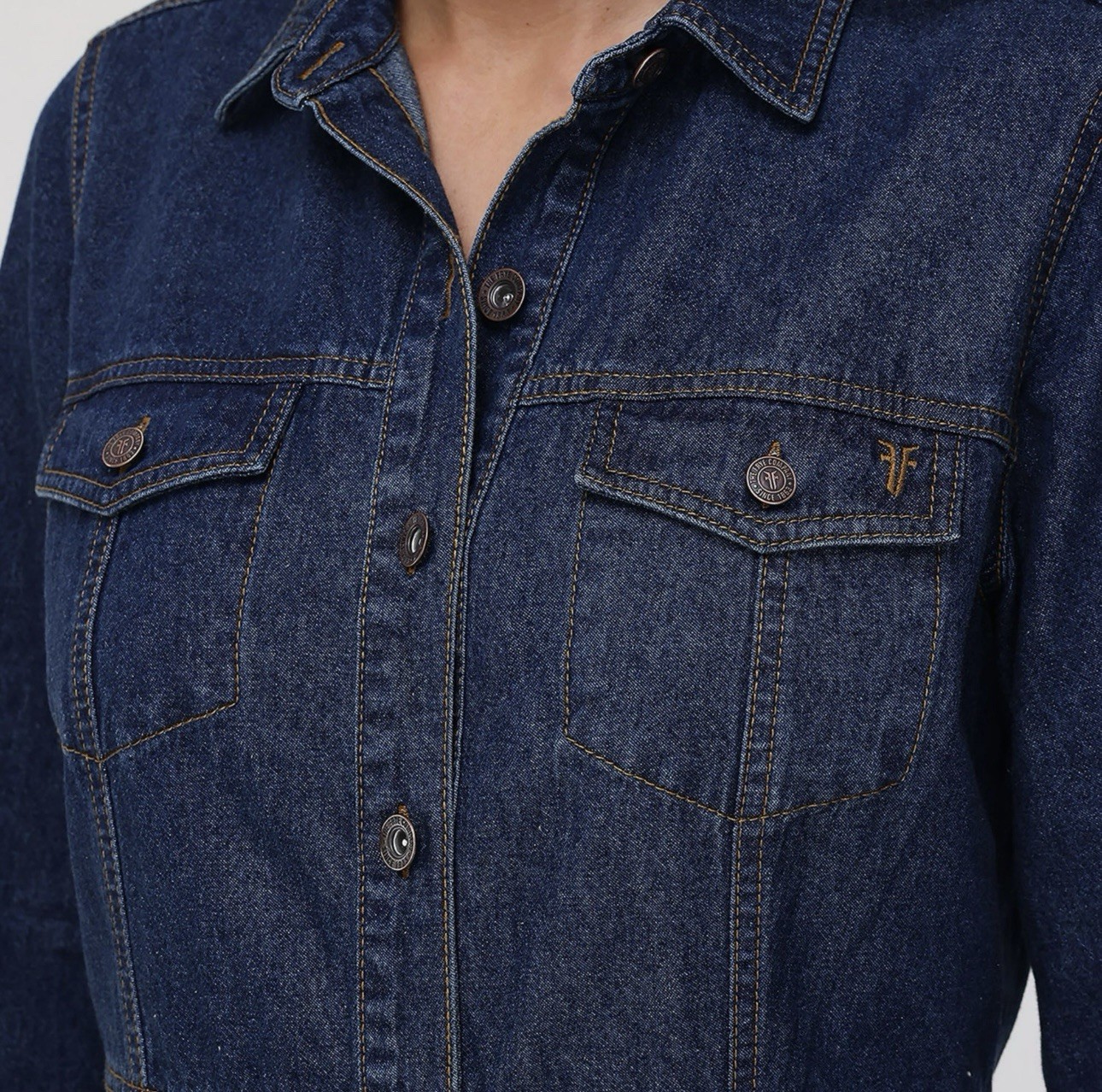 Frye Denim Dress Size Large Mini Button Front Dual Chest Pockets Dark Wash NEW