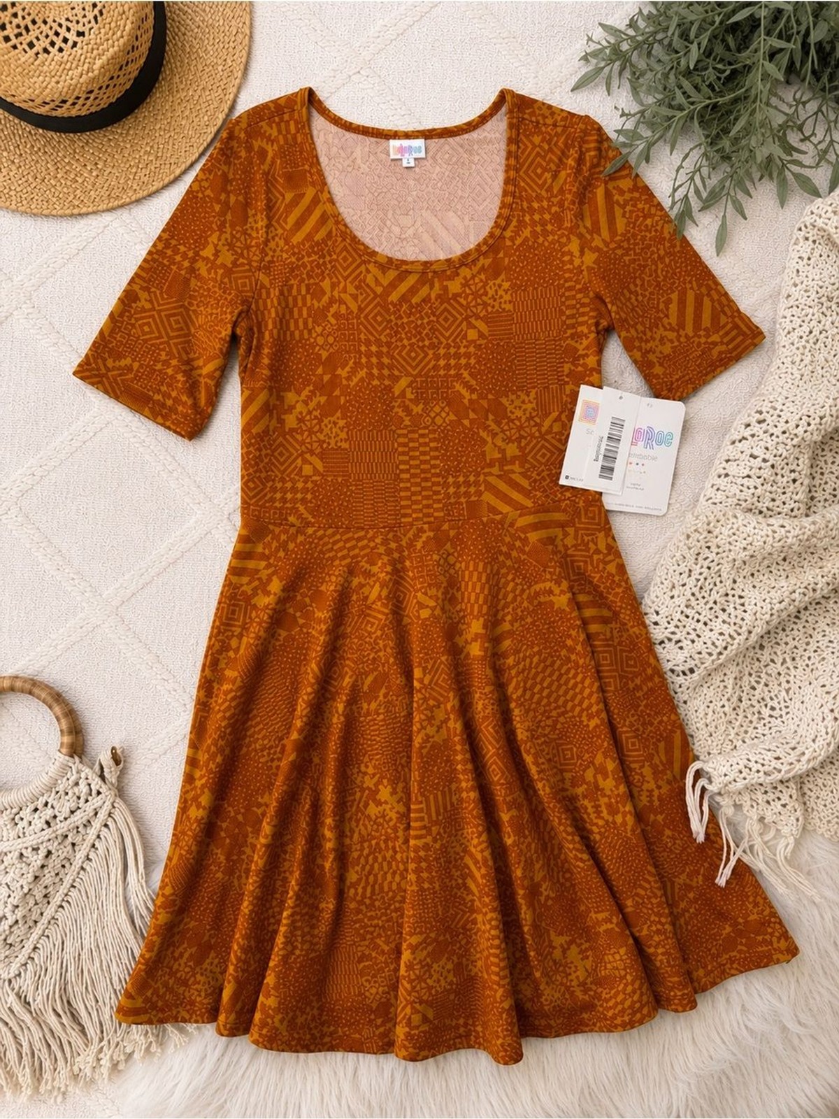 LuLaRoe Nicole Dress NWT Large Mustard Orange Geometric Swing Dress