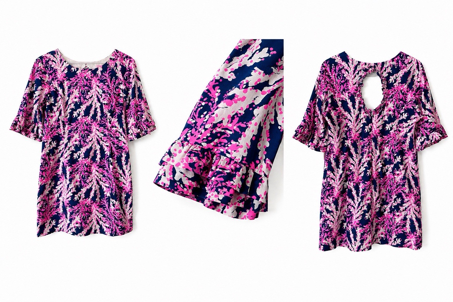 Lilly Pulitzer Shift Dress 10 Navy Pink White Floral Lined Zip Ruffle