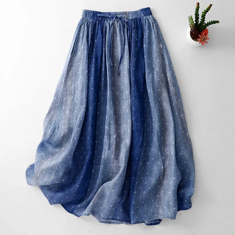 Cotton Linen A- Line Gradient Polka Dot Long Skirt Drifting Thin Large Swing Lin