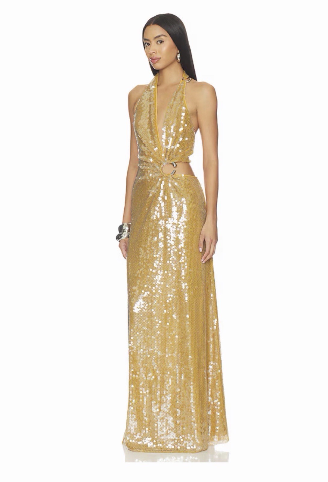 MISHA Gold Sequin Halter Gown with Side Ring Detail Size small
