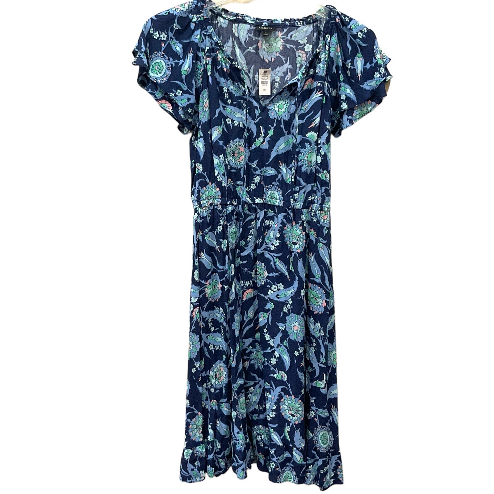 8P NWT TALBOTS Sweet Garden Popover Dress Blue Floral Size 8 P India Ink Petite