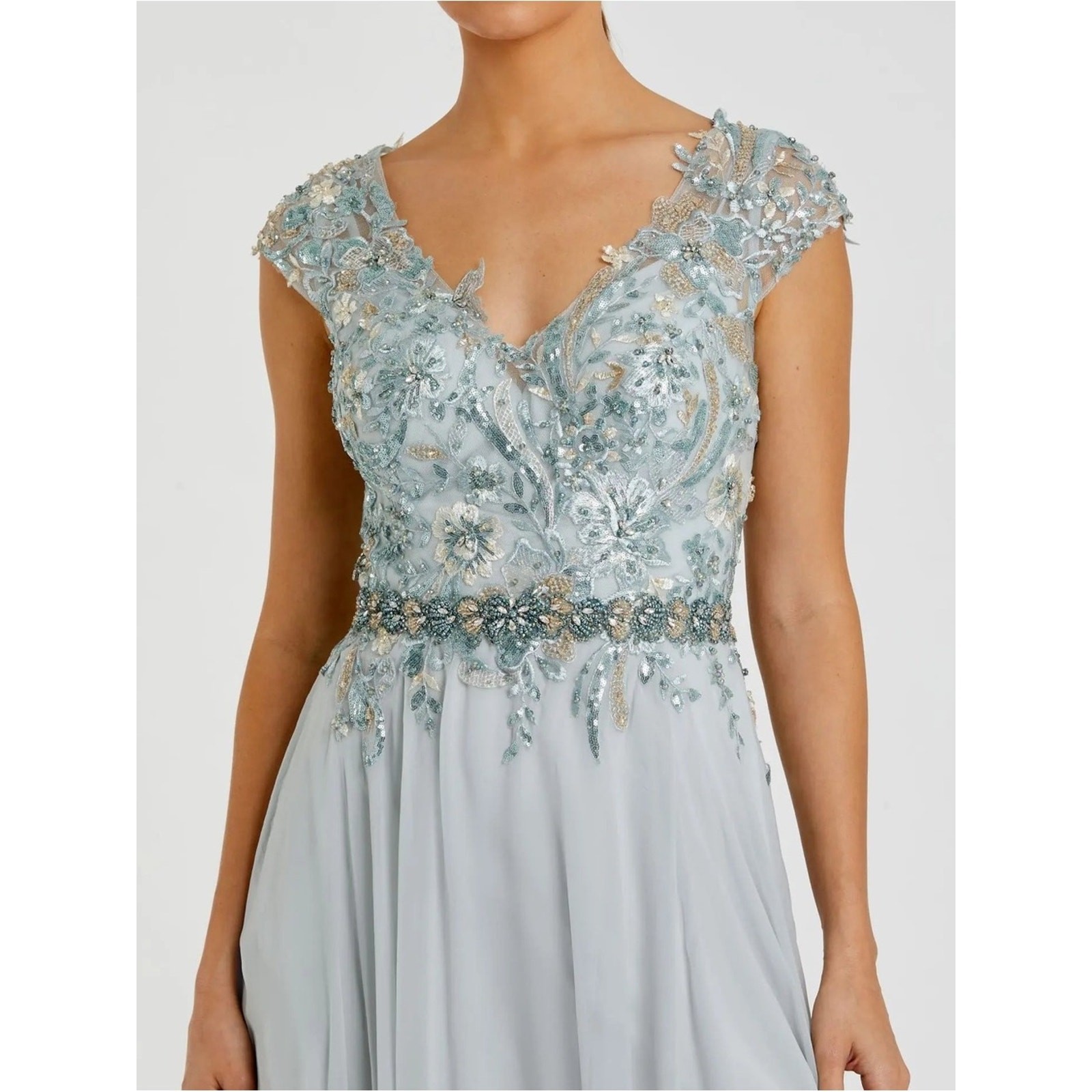 Mac Duggal 79365 Blue Embellished Chiffon Cap Sleeve A-Line Gown Size 16 NWT