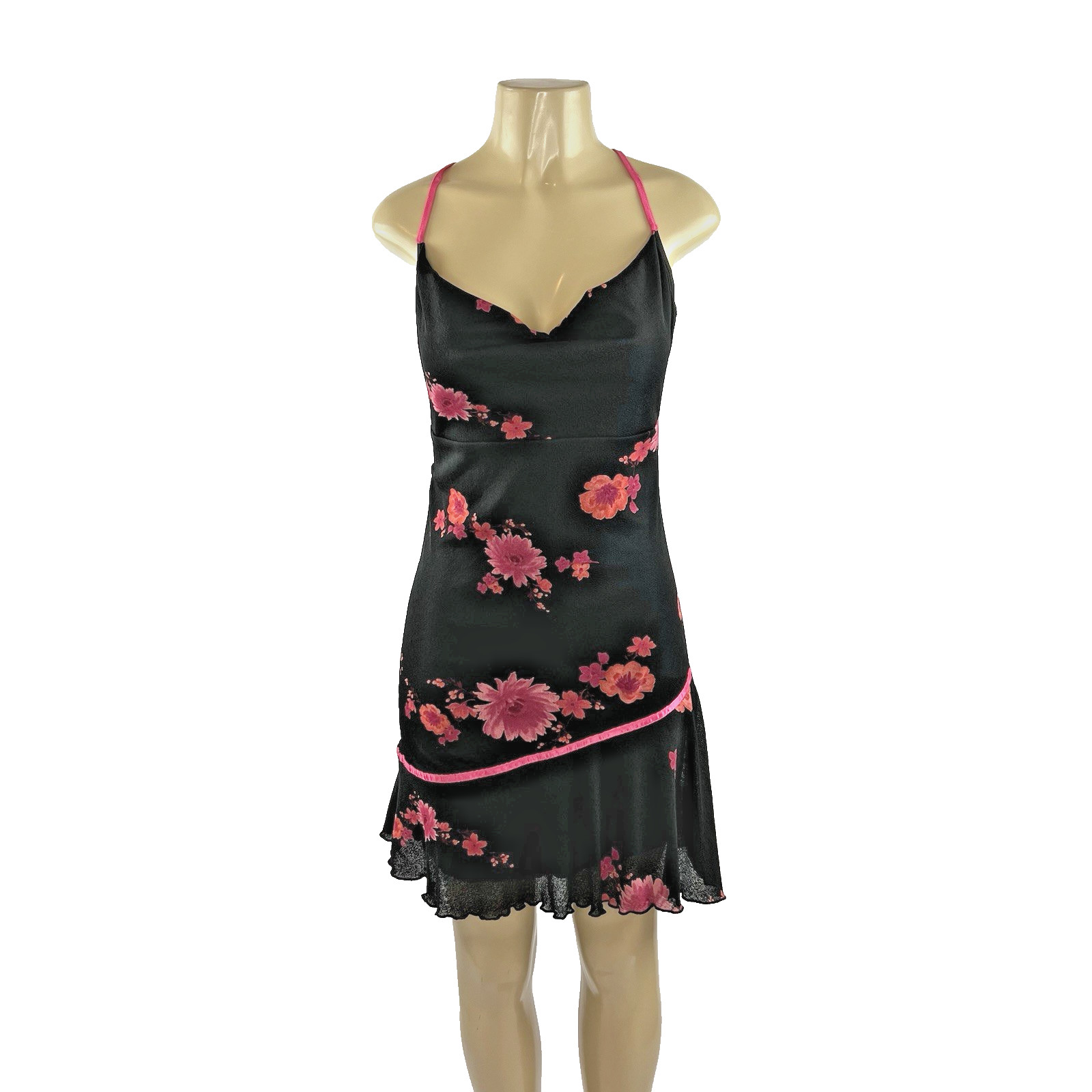 Y2K Dress Vintage Size L Black Pink Floral Slinky Cowl Whimsigoth Fairy Grunge