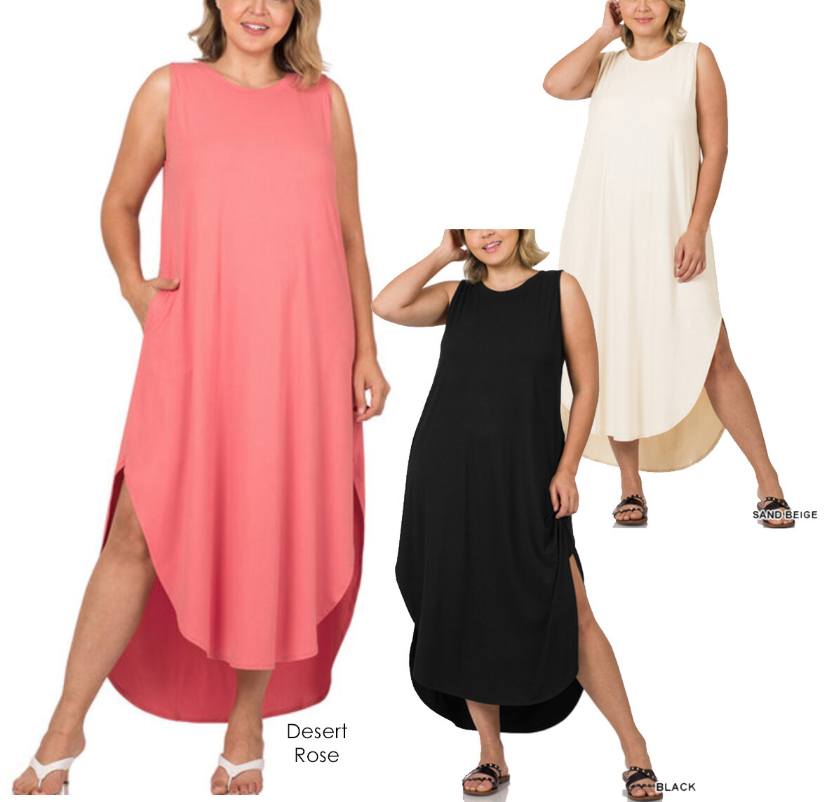 ZENANA 3106 Side Slit Dress Hi Lo Hem with Pockets PLUS
