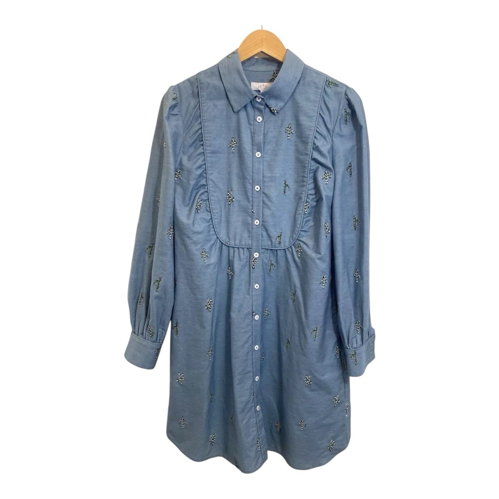 Cactus & Pearl Women’s Blue Shirt Dress Size Large Cactus Embroidery Long Sleeve