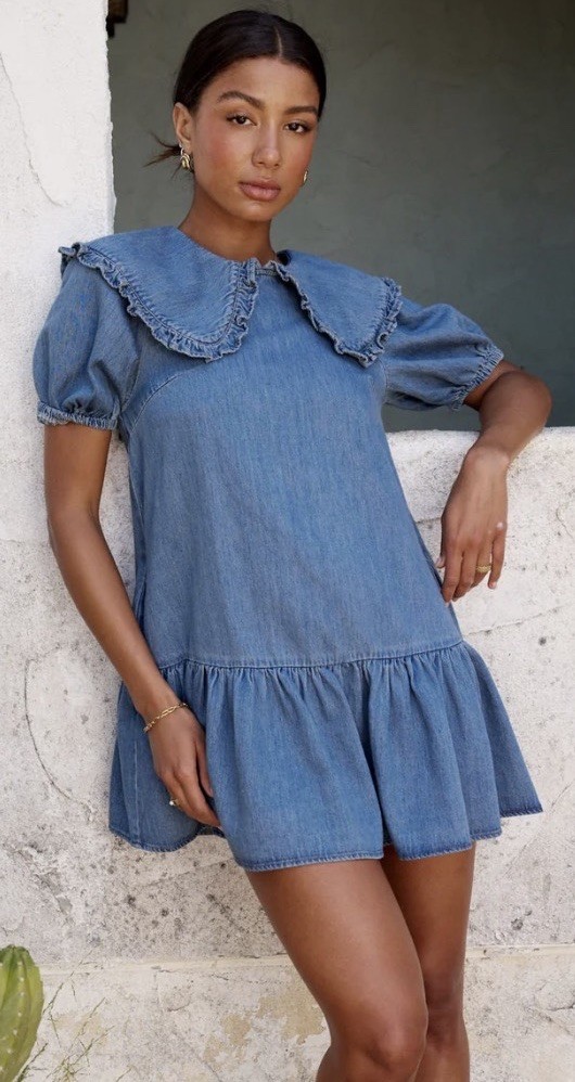 Modenaire Blue Cotton Denim Collared Ruffle Puff Sleeve Mini Dress Size M
