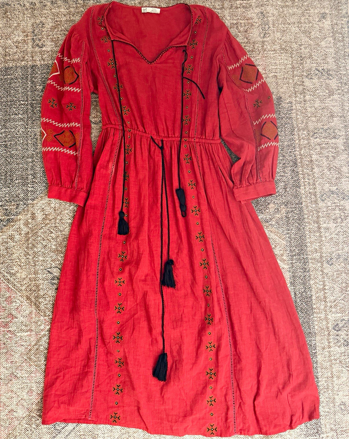 Zara TRF Embroidered Boho Midi Dress w/ Tassels – Size M