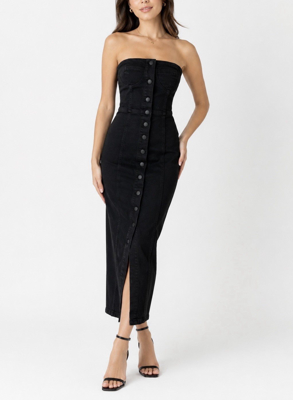 Zara Black Denim Strapless Button-Front Midi Dress with Slit Size S NWT