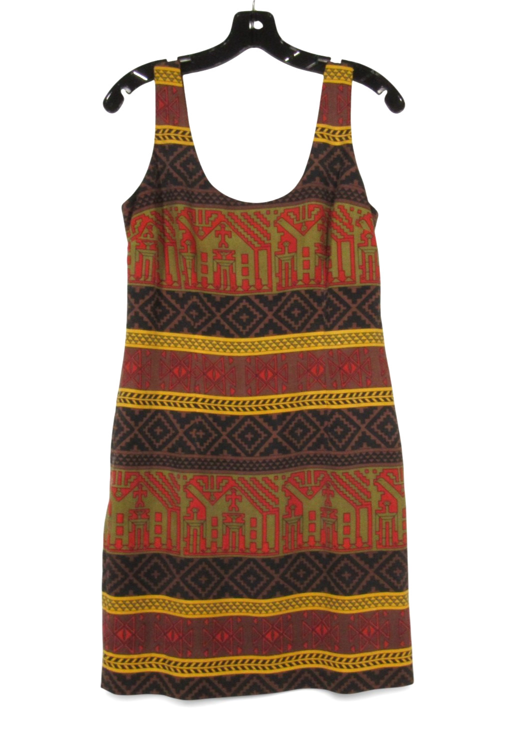 NICOLE MILLER Brown/Yellow/Orange SILK Zip SLEEVELESS Printed SHEATH DRESS Sz 4