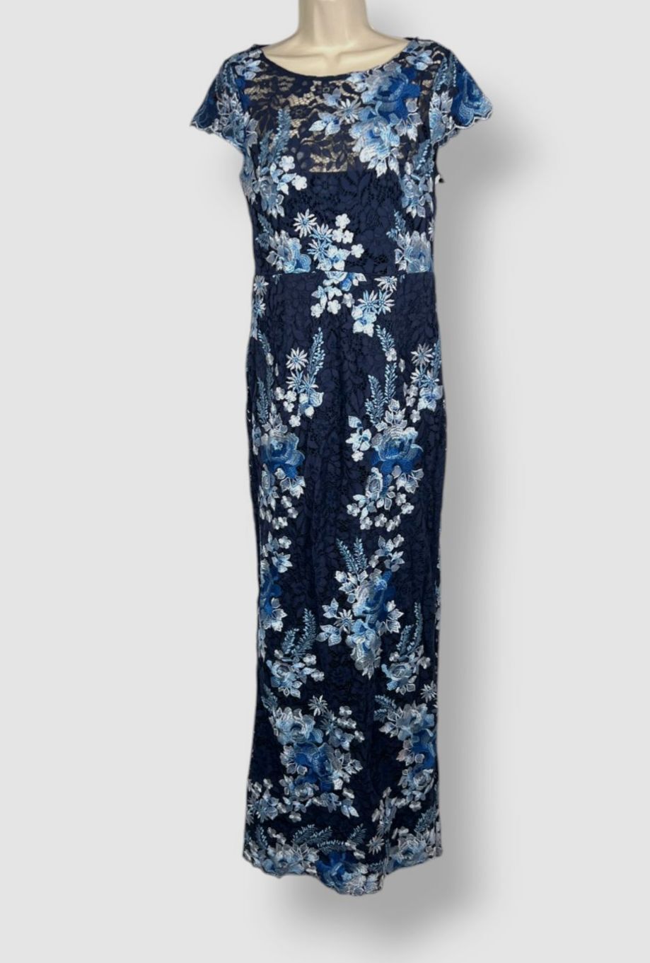 Adrianna Papell Women’s Blue Bateau-Neck Lace Gown Dress Size 4