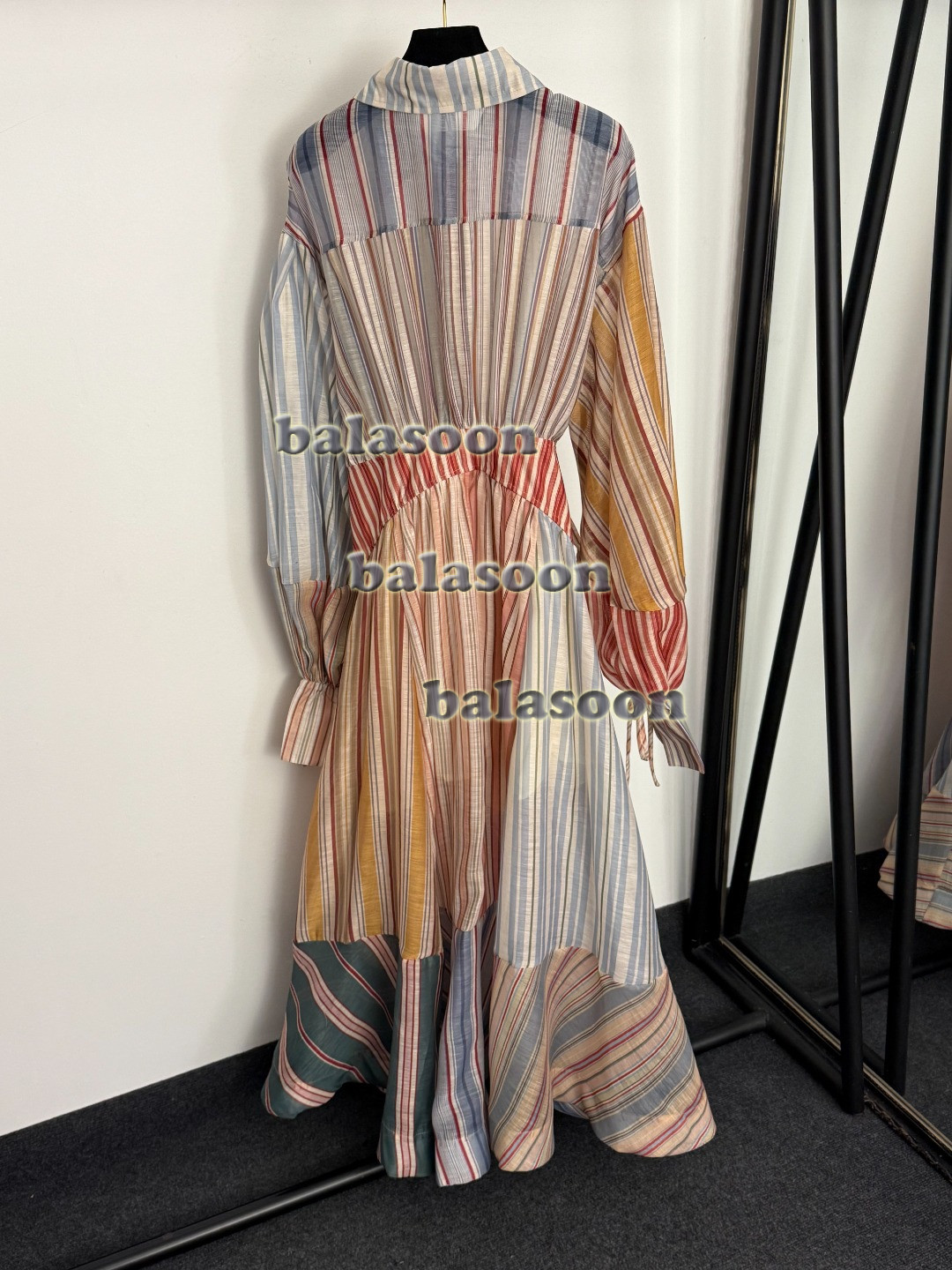 contrast stripe ruffled lace waist long sleeve shirt dress long skirt S-XL