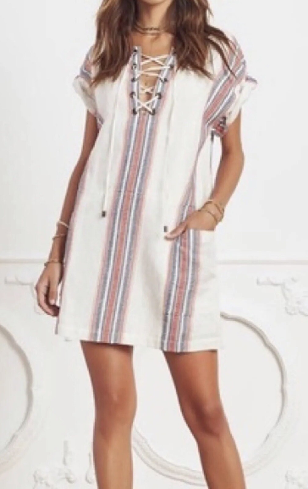 Tularosa Warren Tunic Shift Cream Dress Womens Small Beatnik Stripe *FLAW