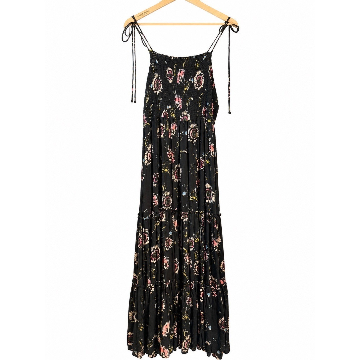 Free People Intimately Maxi Dress Floral Smocked Tie Strap Boho Womens LG Black