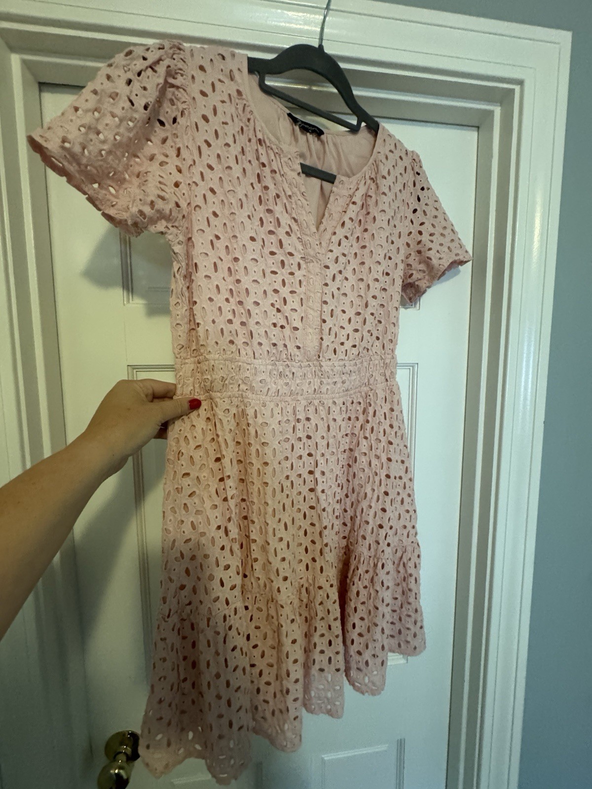 PrettyGarden Pink Eyelet Embroidered V-Neck Fit & Flare Lined Dress M