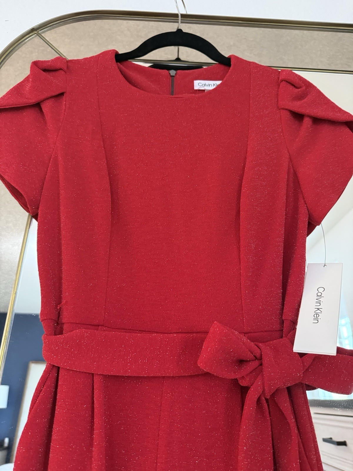 Calvin Klein Sparkly Glitter Puff Sleeve Belted Jumpsuit Red Size 2