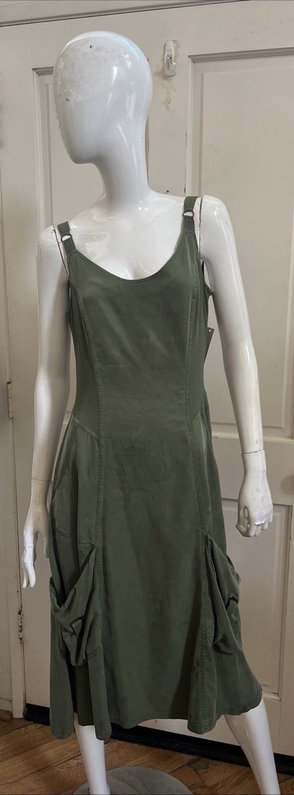 XCVI NEW! Olive Khaki Green Lyocell Tank Style Flared Midi Dress Sz S #3473