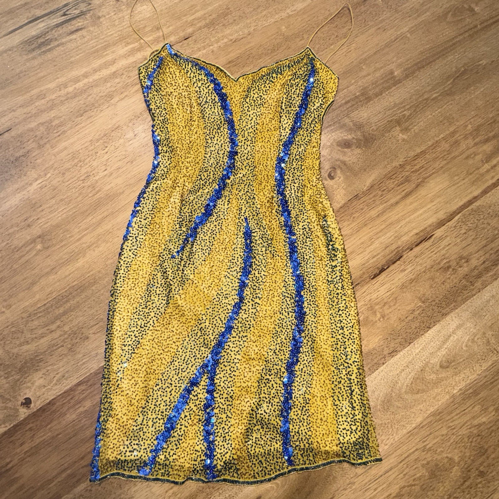 Scala Silk Beaded Dress XS Yellow Blue Sequin Slip Y2K Party Mini UCLA UMich