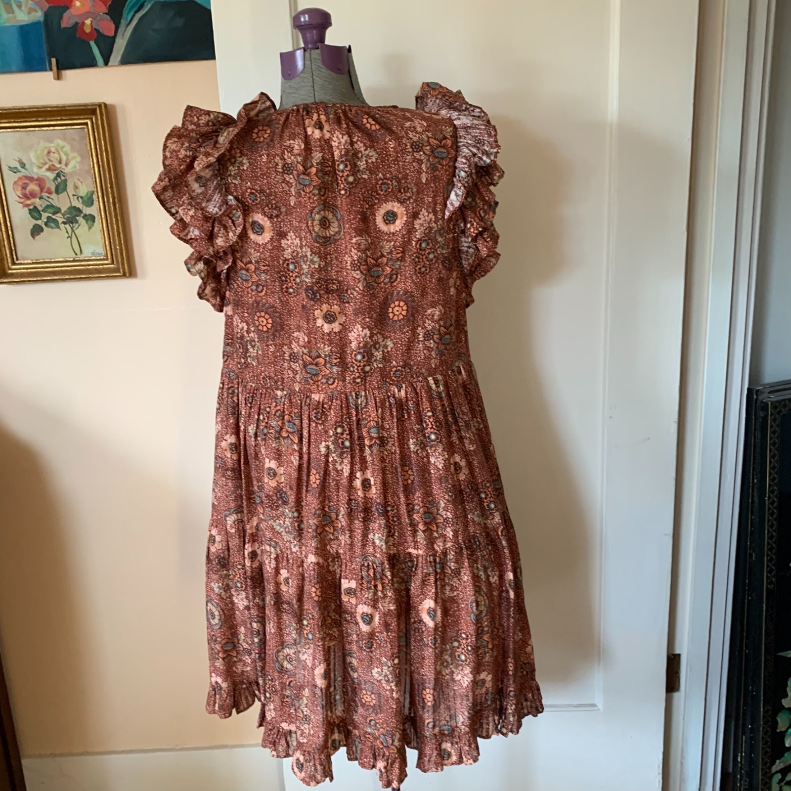 Ulla Johnson Sz 12 Adele Tiered Mini Dress Rosebud Ruffles Ditsy Floral Cottage