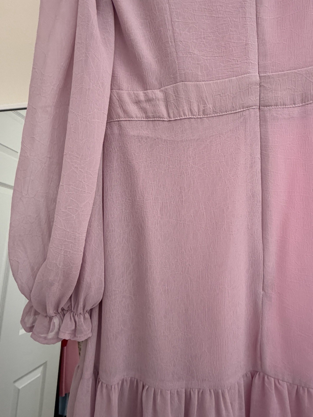 Pink Chiffon Pleated Ruffle Midi Dress M Long Balloon Sleeve Crew Neck Zip