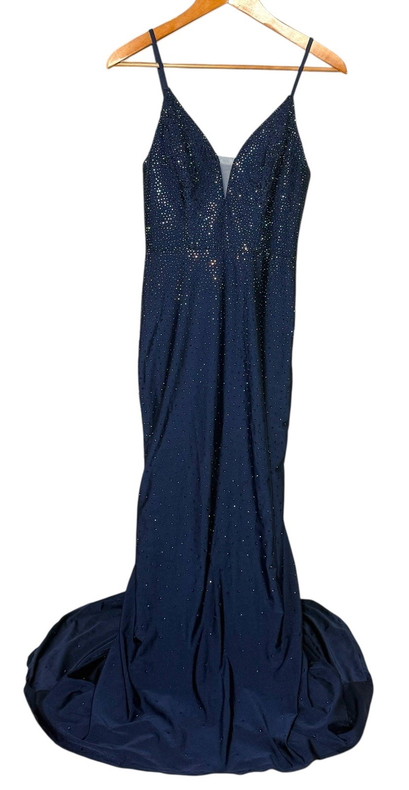 Dancing Queen Navy Blue Beaded Sparkling Maxi Train Evening Dress Sz S