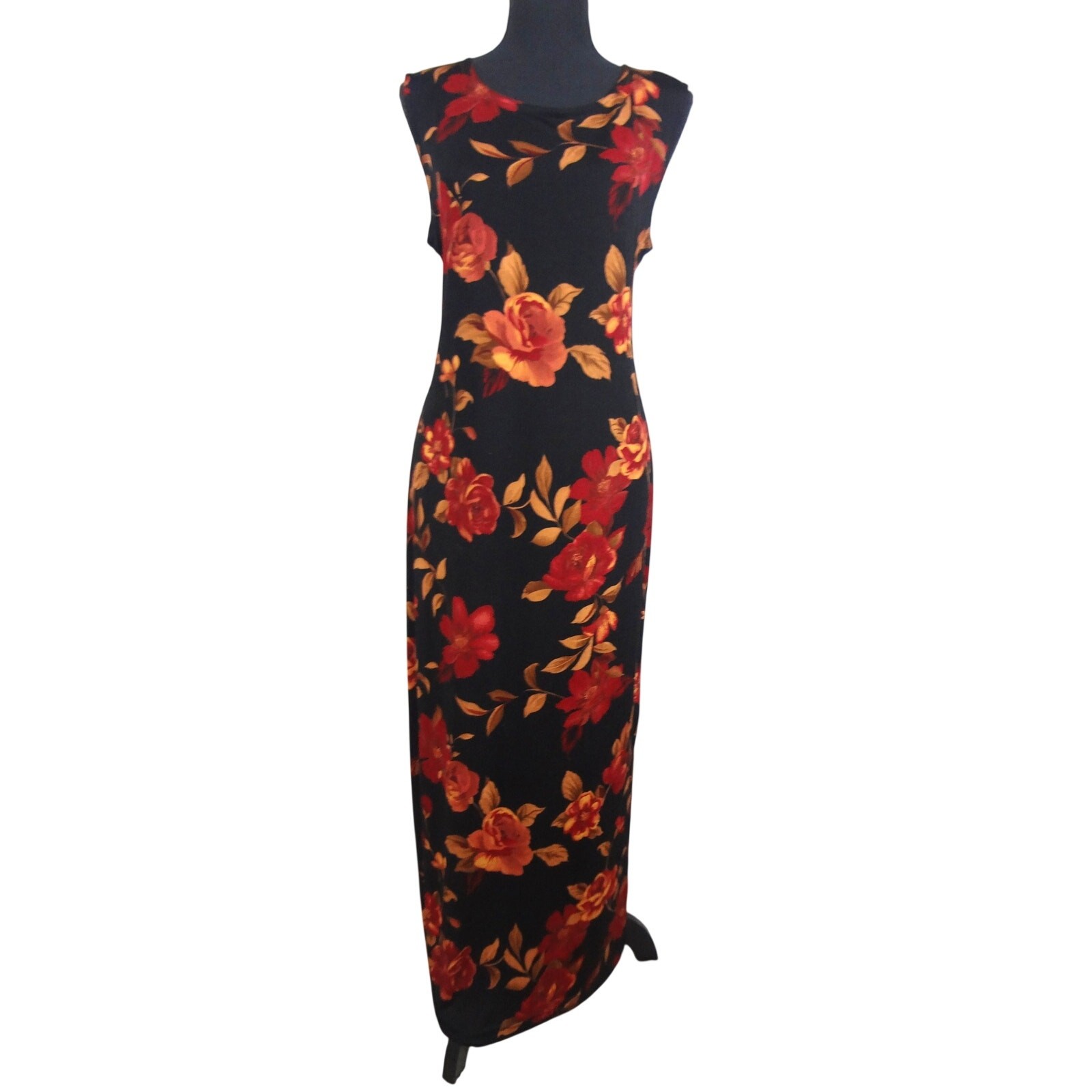 Vintage 90s Y2K Red Rose Black Maxi Dress Womens Large XL Whimsigoth Slinky Goth