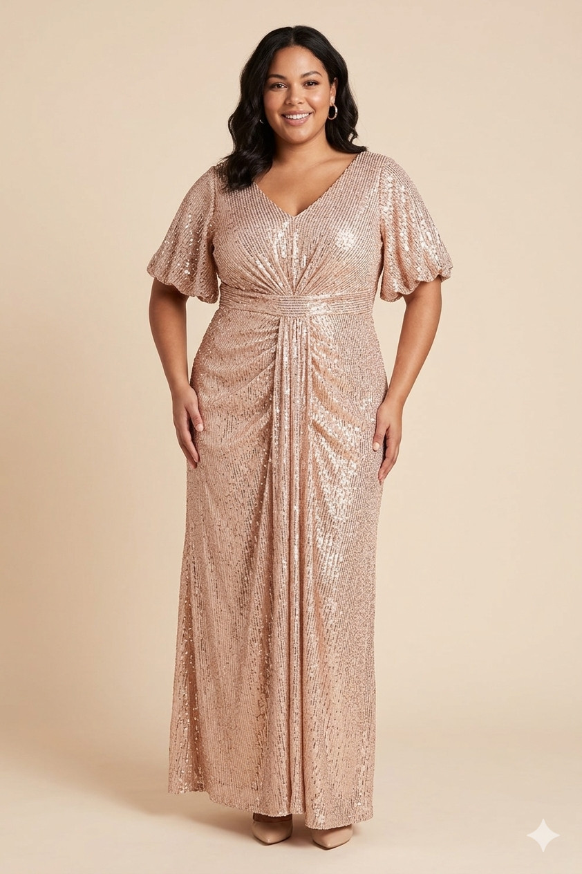 New Rose Gold Sequin Gown V-Neck Flutter Sleeve Plus Size Formal Prom Maxi Dress
