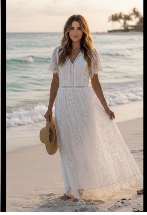 Merokeety Floral Lace Maxi Dress Sz White V Neck Boho Wedding Beach
