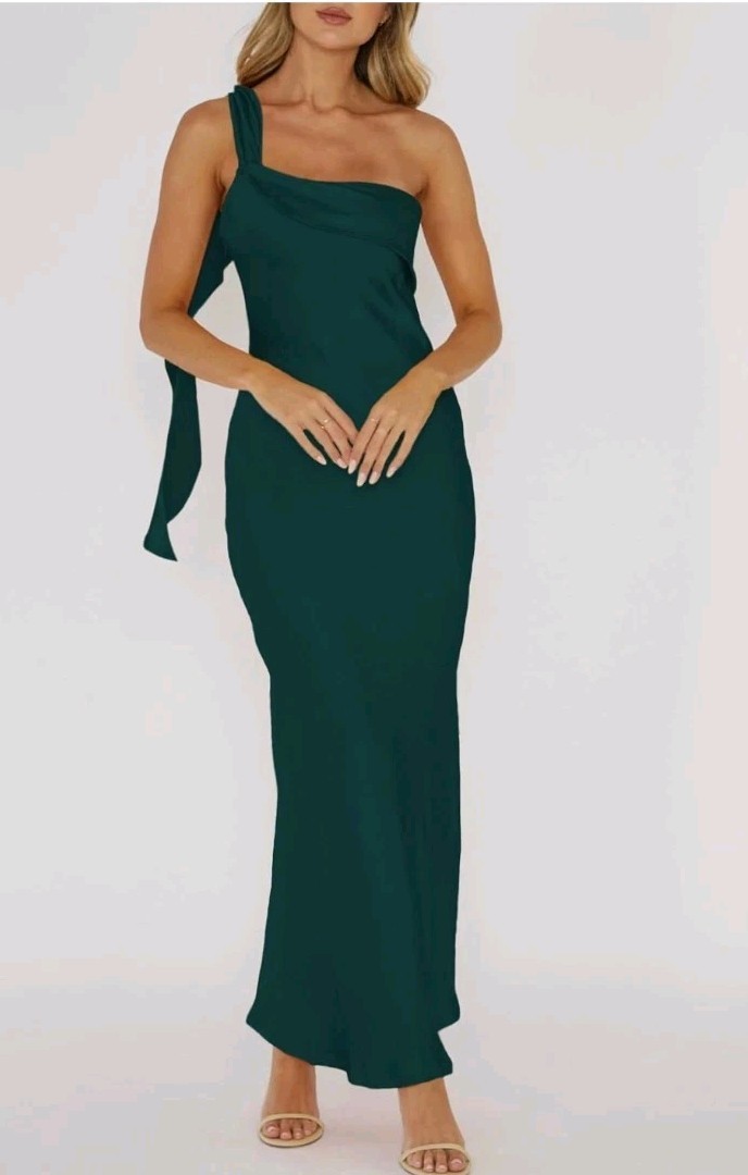 MOYNOTE Women One Shoulder Satin Midi Dress Forest Green Draped Cowl Neck Size S