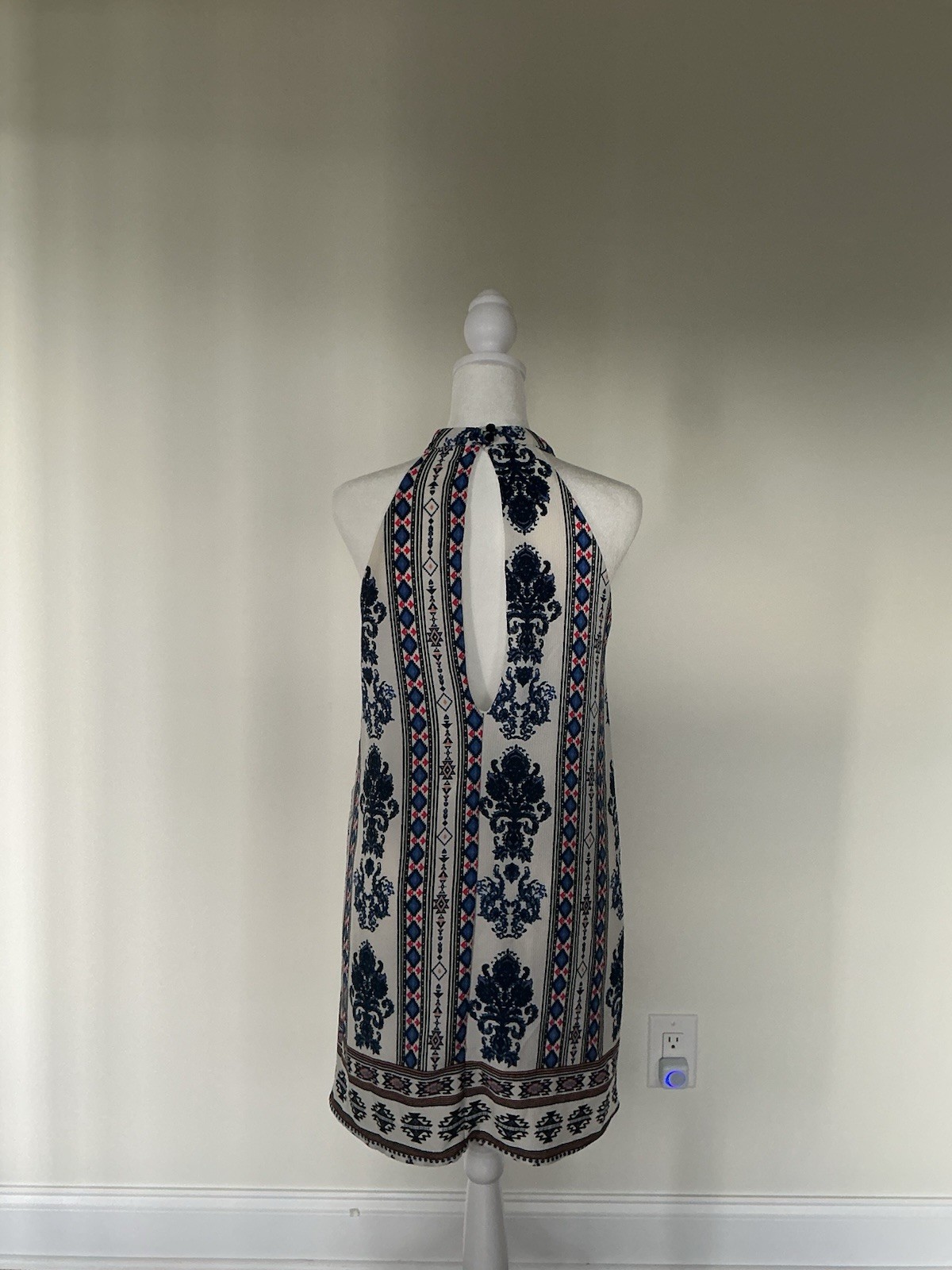 Charlotte Russe Tribal Geometric Halter Shift Mini Dress Blue Red Cream Size S