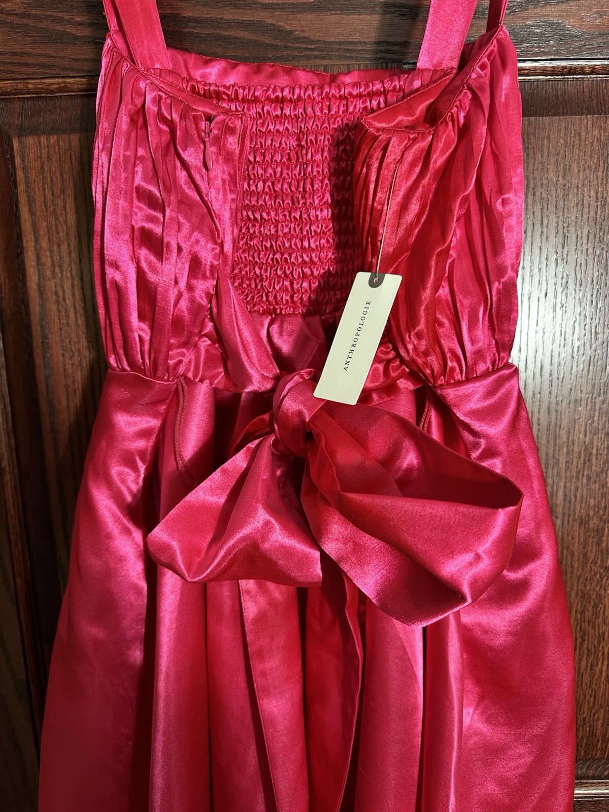 Anthropologie Satin Fit Flare Formal Dress Hot Pink Pleated Bow Back Sz 10 NWT