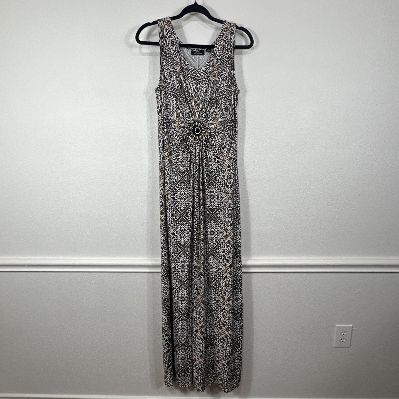 Nina Leonard Maxi Dress Geometric Tribal Beaded Medallion Brown Womens Size M