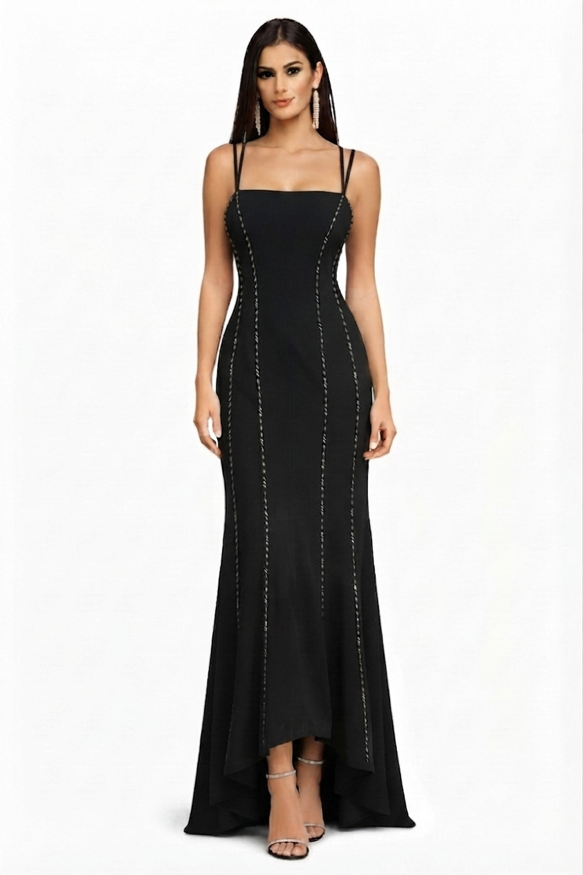 Black Evening Gown With Beaded Detail Elegant Formal Maxi Dress, Custom Fit
