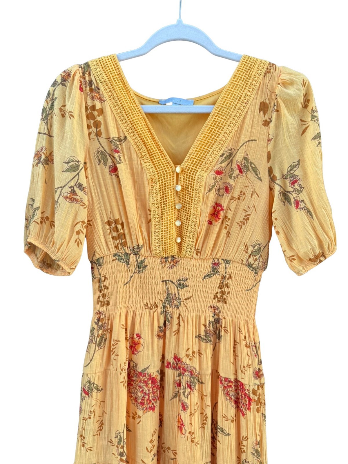 Boho Cottagecore Floral Midi Dress Smocked Waist Puff Sleeve Mustard M