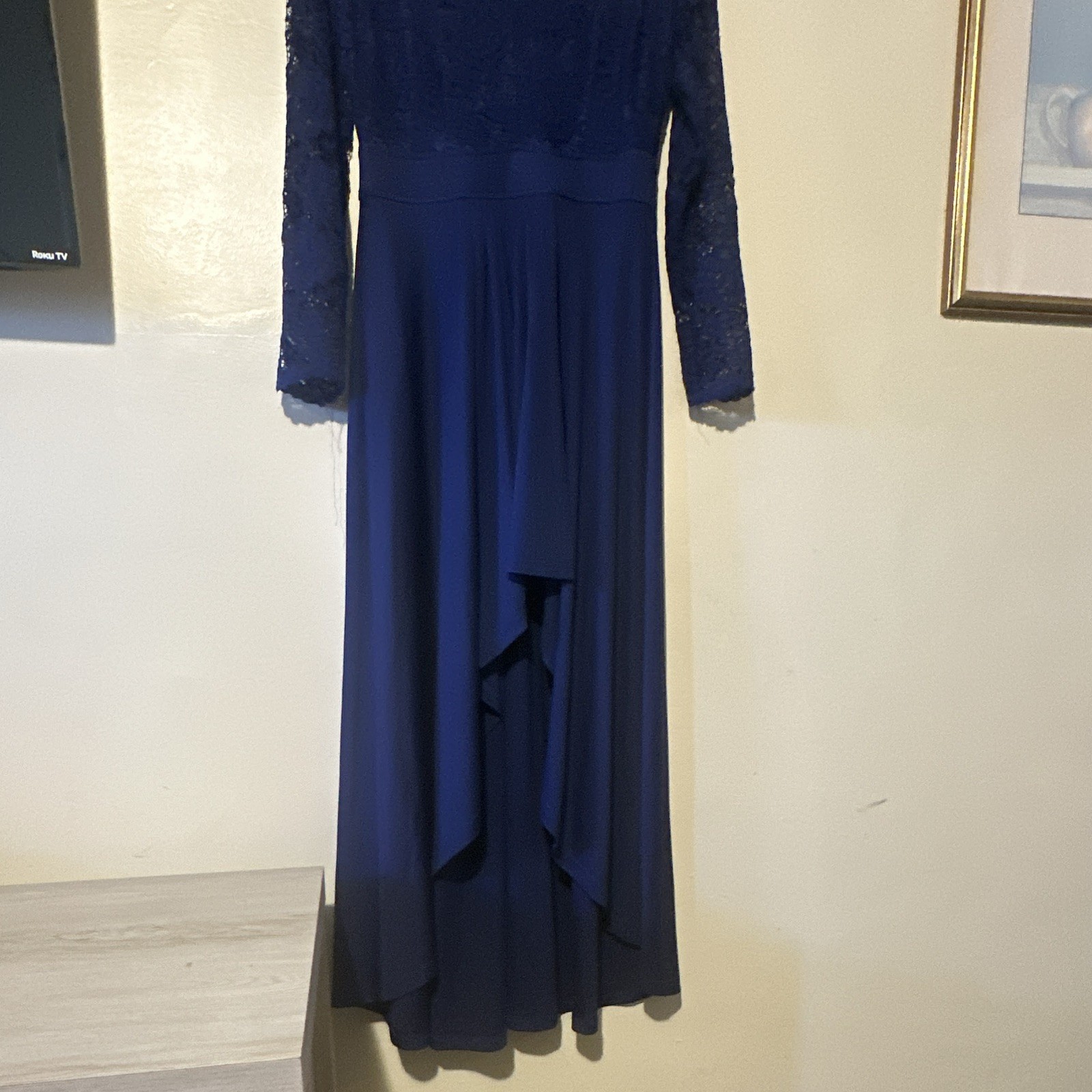 Womens M Blue Solid Lace V-Neck Long Sleeve Maxi Long Dress Polyester Spandex