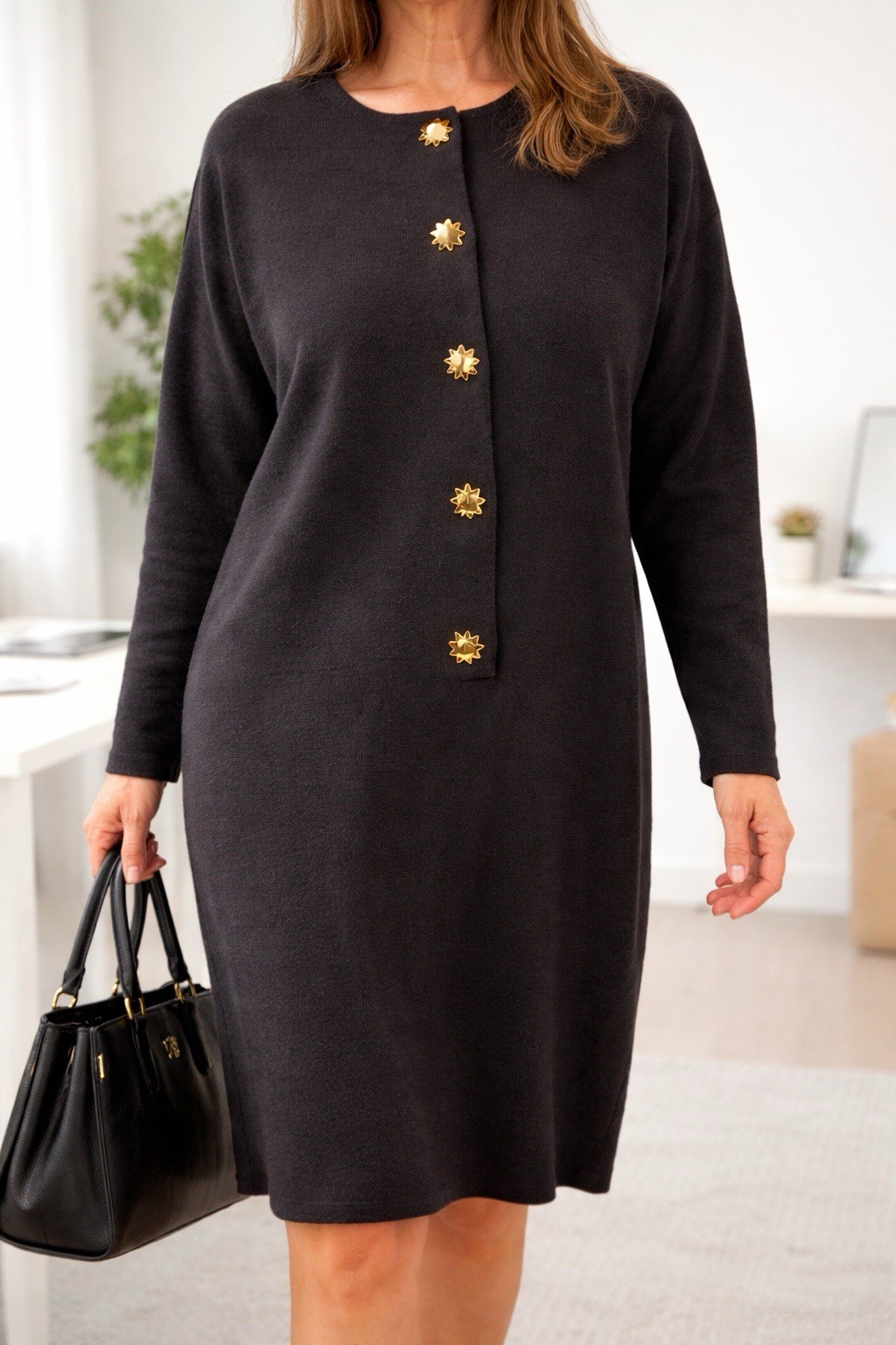 Neimen Marcus 100% Cotton Black Dress with Gold Star Buttons XL Back Zip,Classic