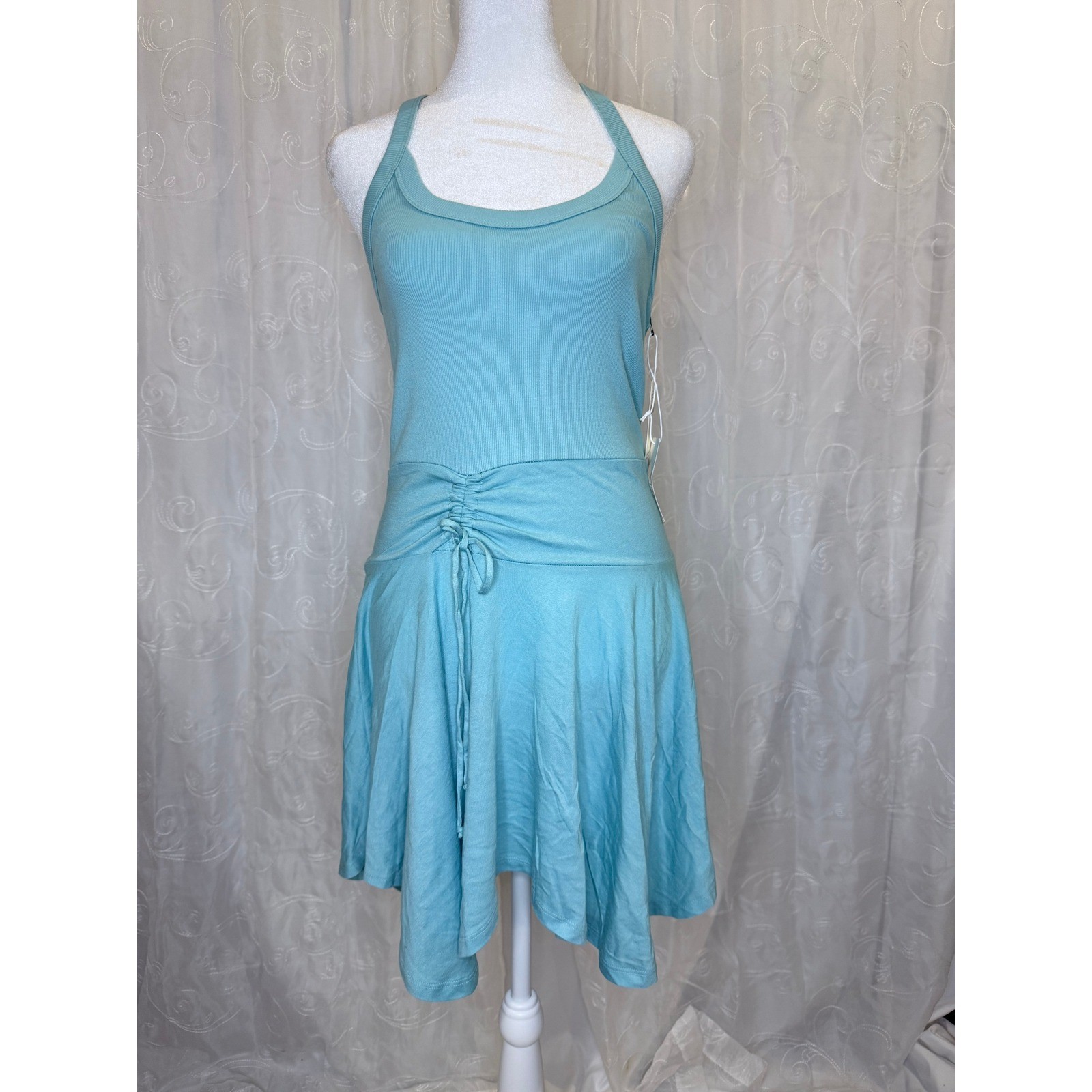 Daily Practice Anthropologie Ribbed Mini Dress Turquoise Blue Cinched Side Small