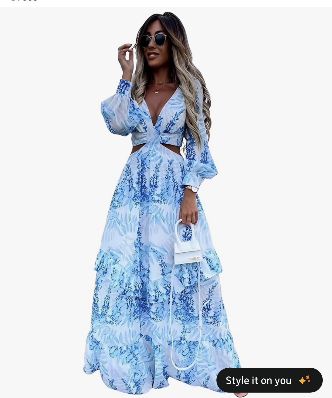 Temperament Woman’s Hollow V Neck Long Sleeved Plant Dress Long Skirt Spring