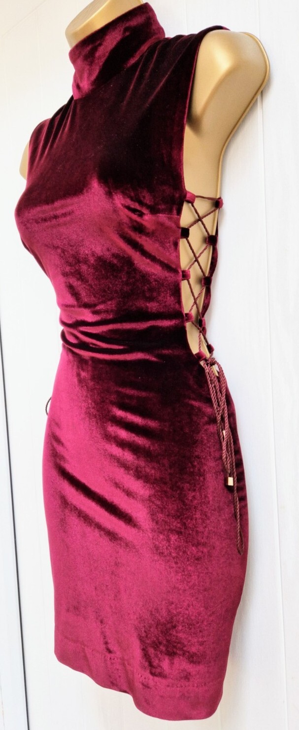 HOUSE OF CB Sukina Mulberry Velvet High Neck Laced Mini Evening Dress S UK 8 10