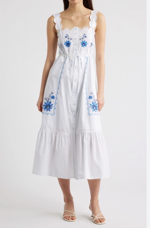 Moon River Women’s White/Blue Floral Embroidered Sundress Sweetheart Midi M