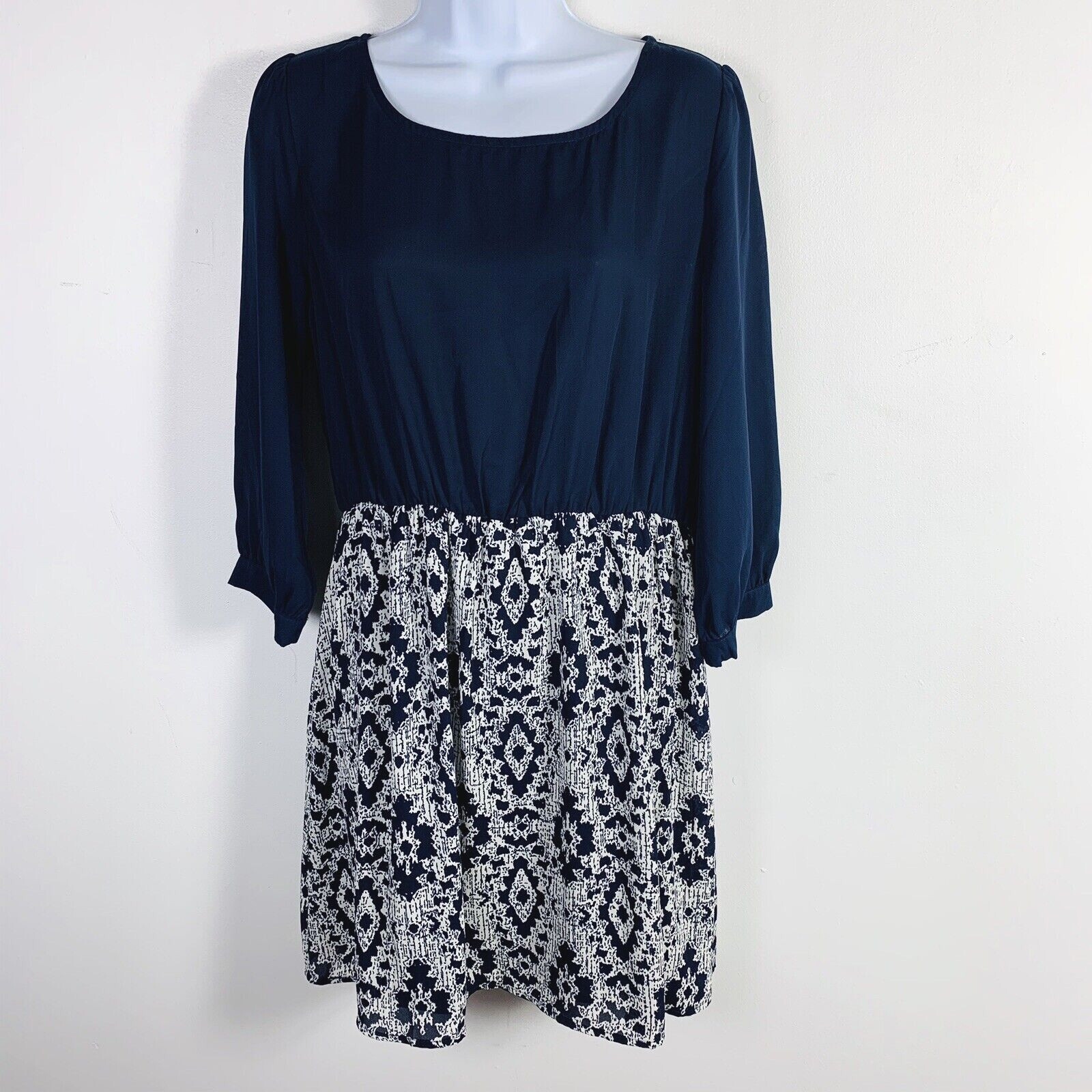 Pink Owl Navy Mixed Print Dress Sz L Long Sleeve Elastic Waist Casual Modern