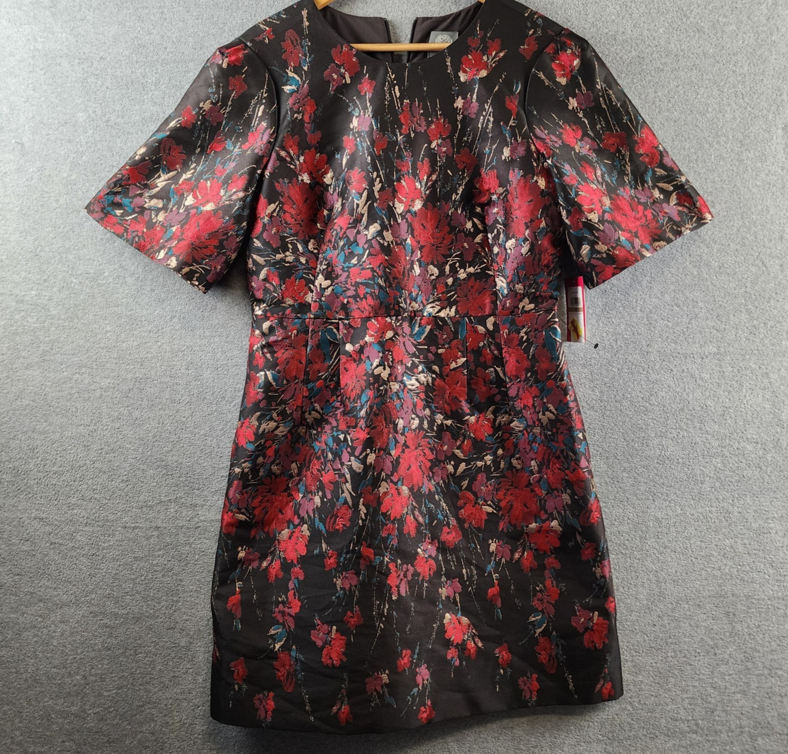Vince Camuto Floral Jacquard Short-Sleeve Dress Women’s 12 Red Multi Back Zip