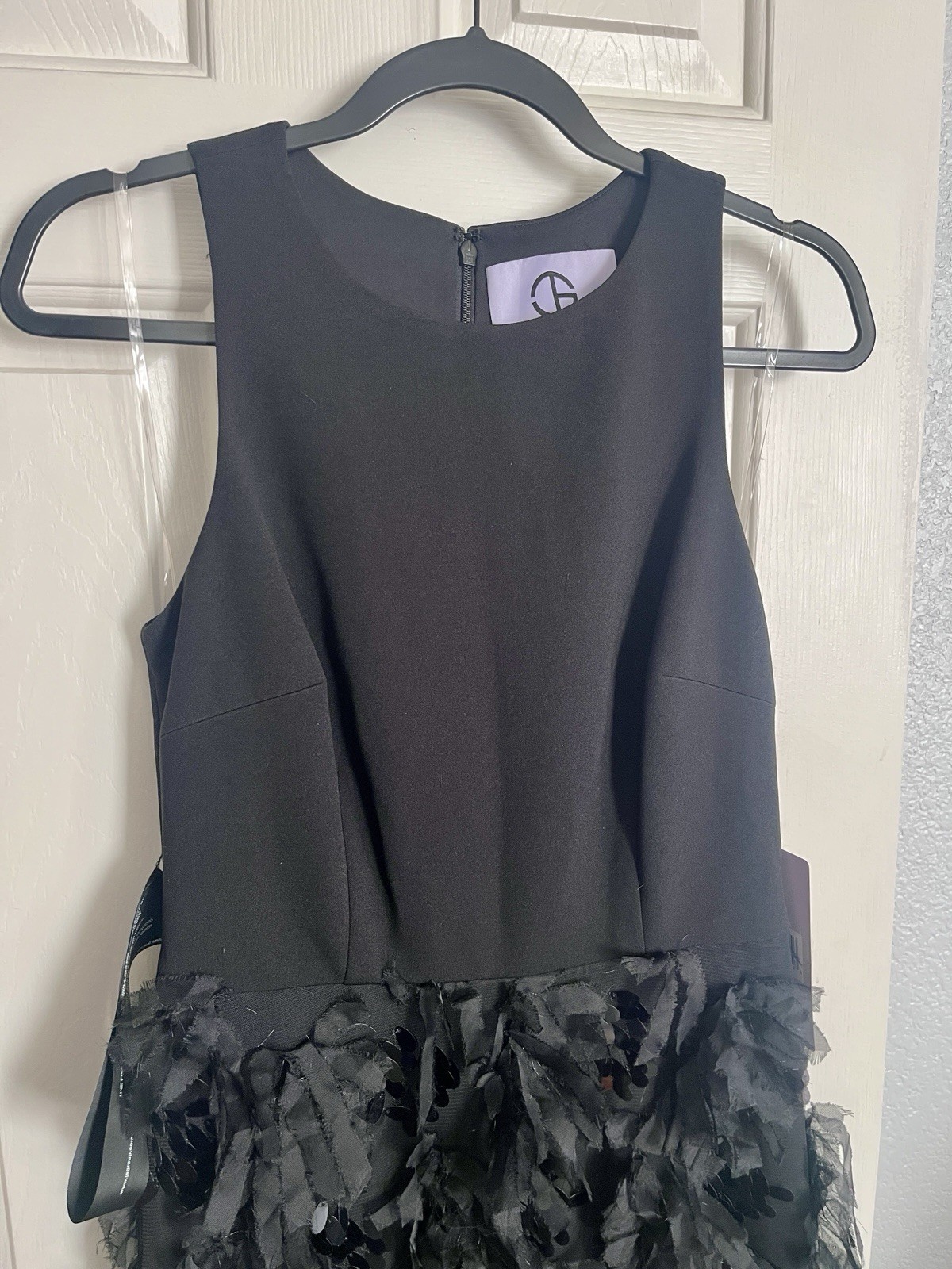 JS Collections Black Long Sleeveless Round Neck Hi-Low Ruffle Sequin Gown Sz 4