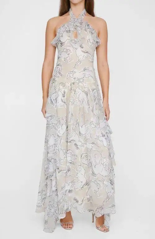 Nasty Gal Maxi Dress Hi Low Hem Halter Ruffle Hi Low Hem Horse Print Ivory 8