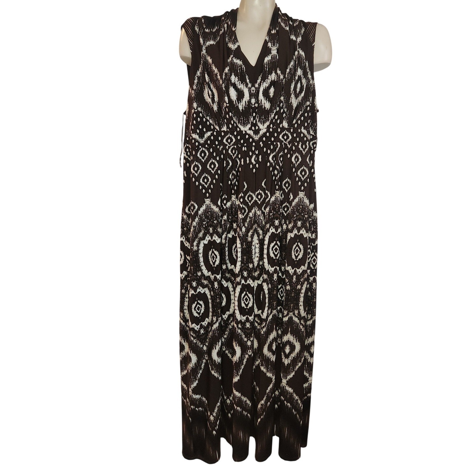 Chicos Brown Ikat Print V-Neck Sleeveless Maxi Dress XL Bohemian chic vacation