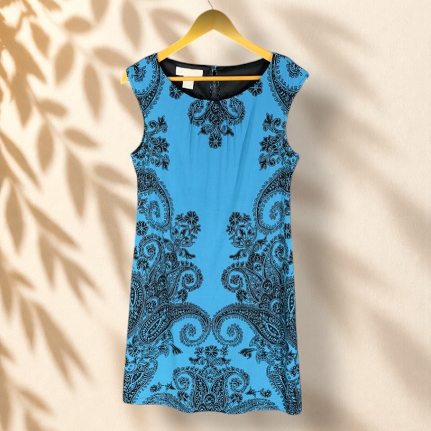 London Times Dress Women 8 Blue Paisley Shift Short Sleeveless Hook & Eye Casual