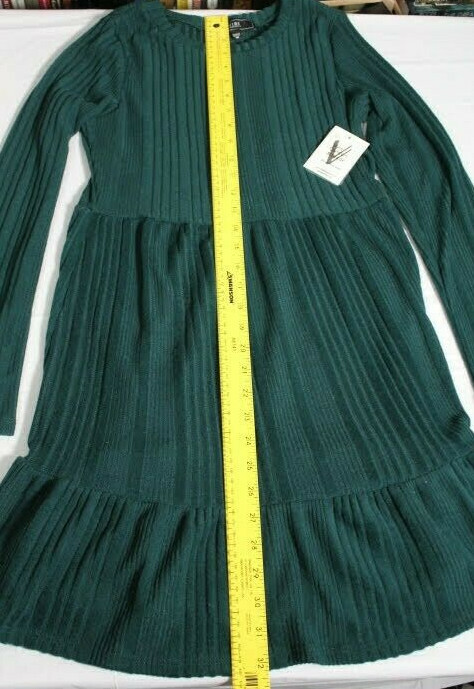 Vibe Sportswear Sz Medium Ribbed Knit Ruffled Hem Hunter Green Long Sleeve Dress