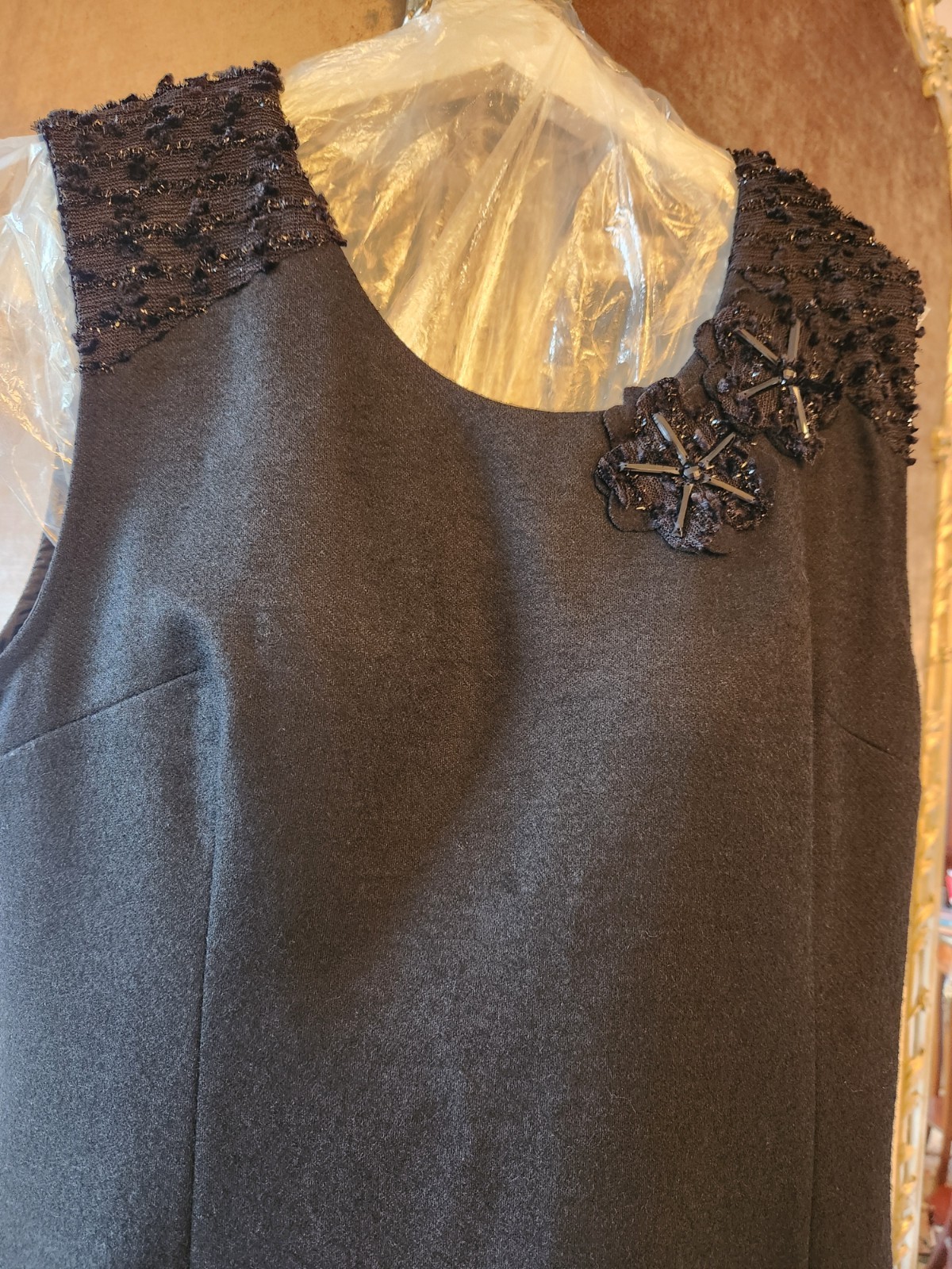 PORT International black wool blend and shimmering fabric appliqué handwork 12