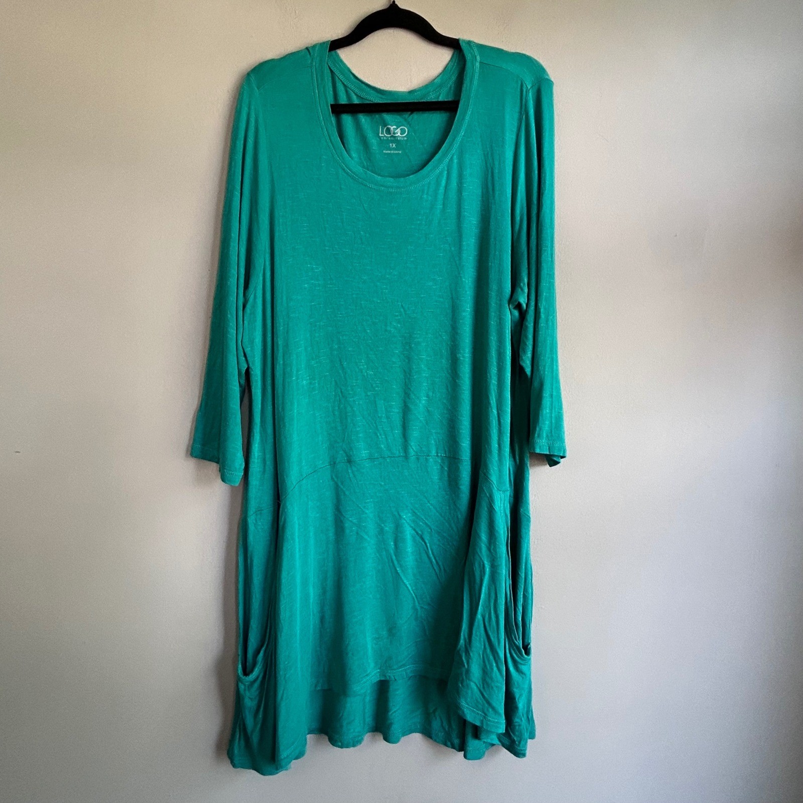 LOGO Lori Goldstein Teal Green Slub Knit Tunic Top/Dress Pockets 3/4 Sleeve 1X
